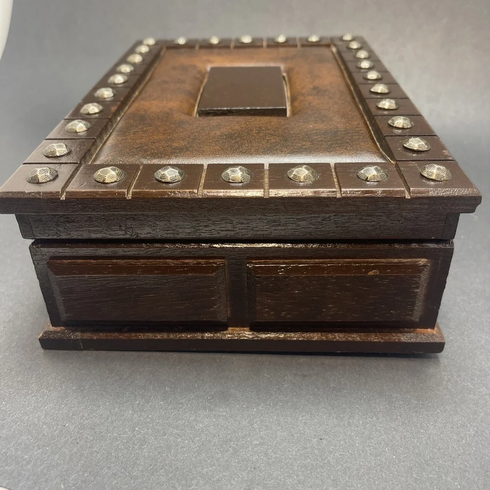 Vintage London Leather Wood & Leather Jewelry Box, Brass Studs Gold Velvet Lined